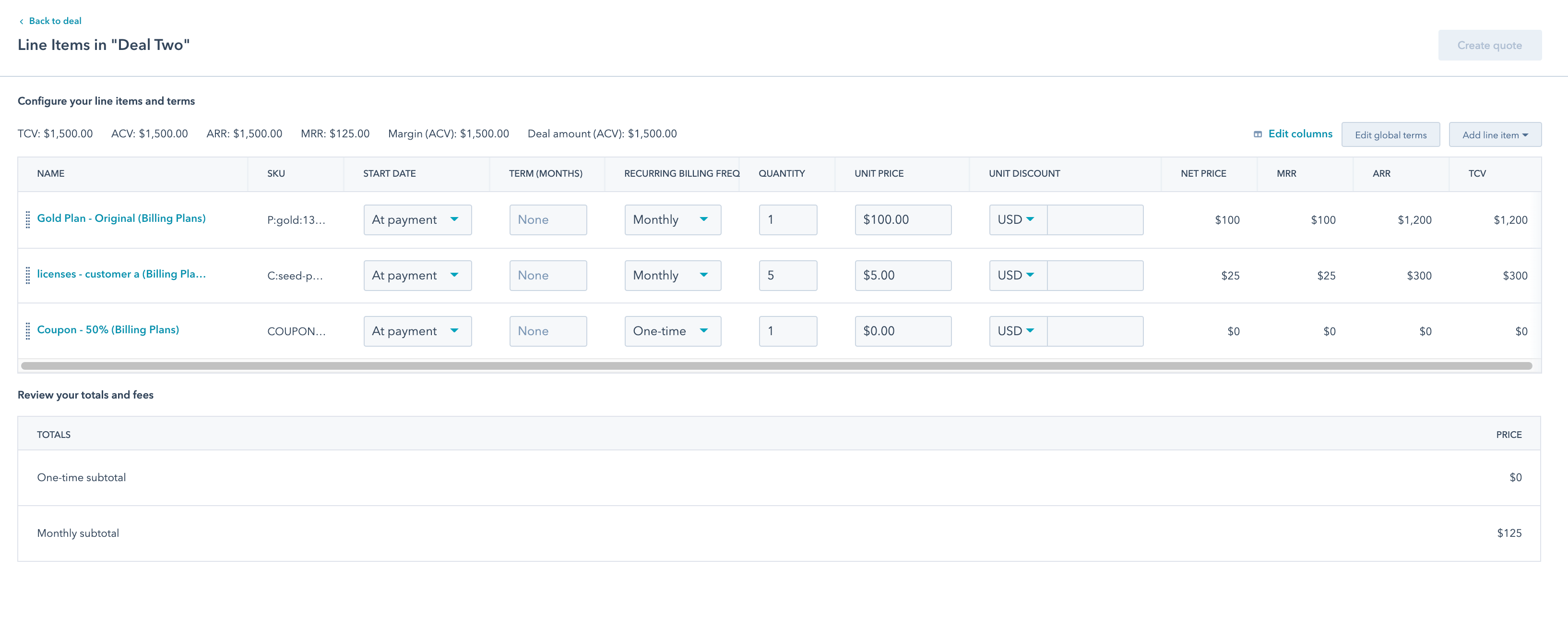 a HubSpot deal's line items chosen from the synced product catalog, with billing frequency filled in automatically
