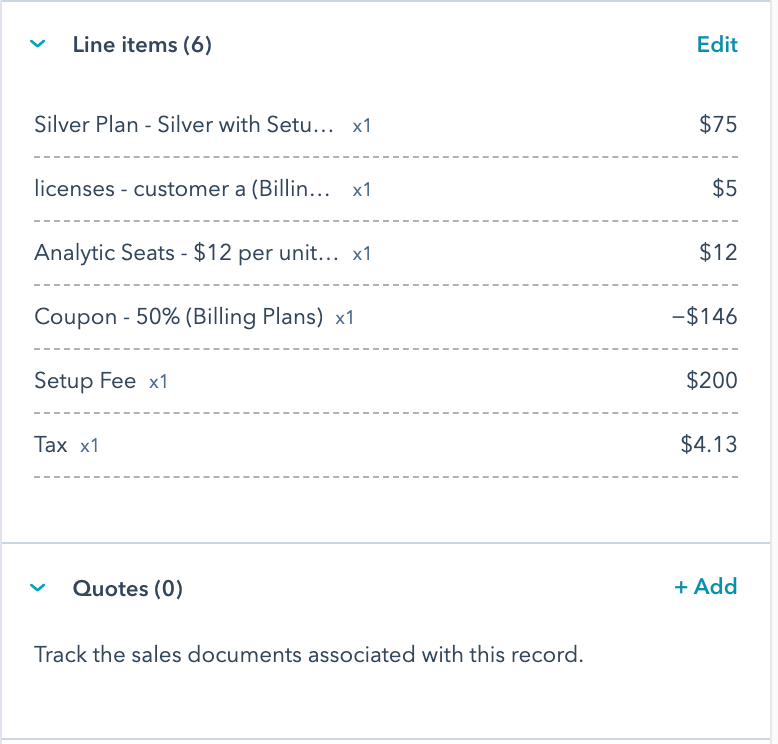 HubSpot quote prepared with line items from Advanced Billing