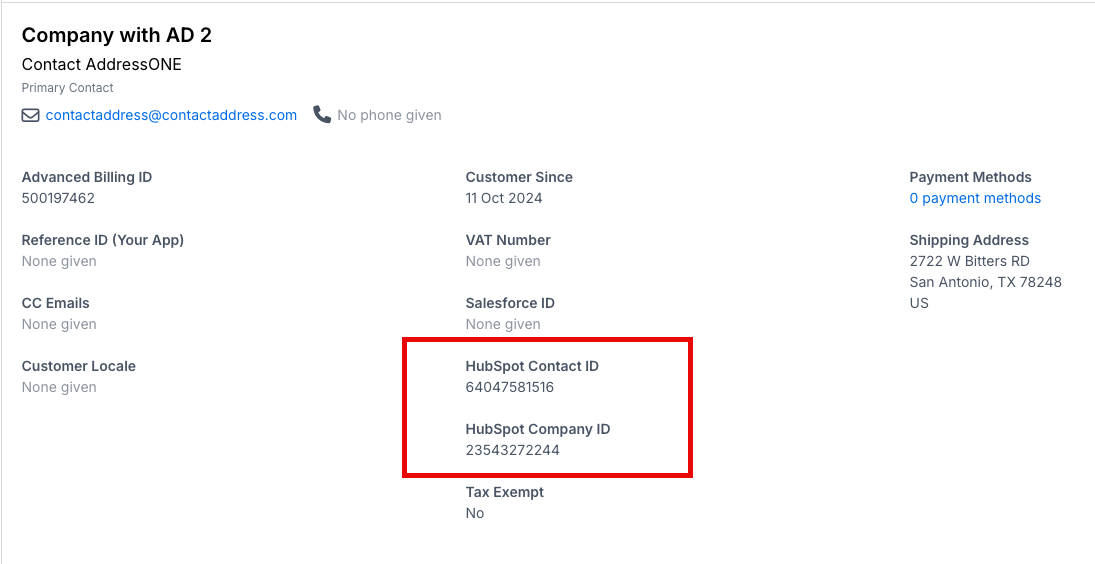 a customer record with the HubSpot Contact ID and Company ID fields outlined