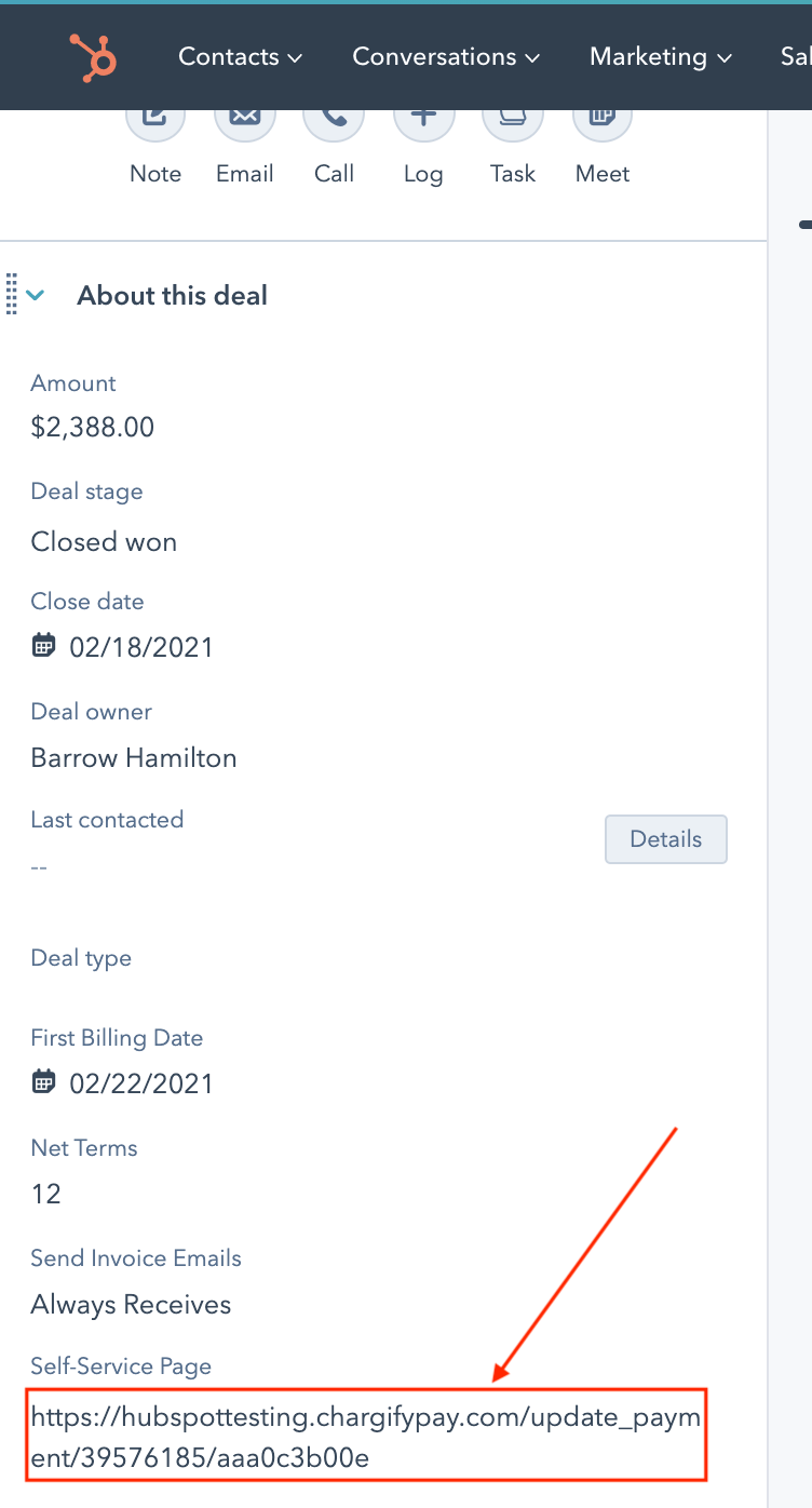 Self-service page URL screenshot