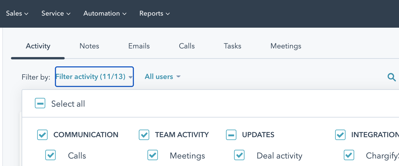 Selecting filter for Advanced Billing timeline activity