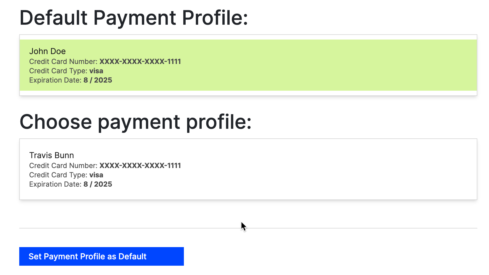 Payment profile selection interface