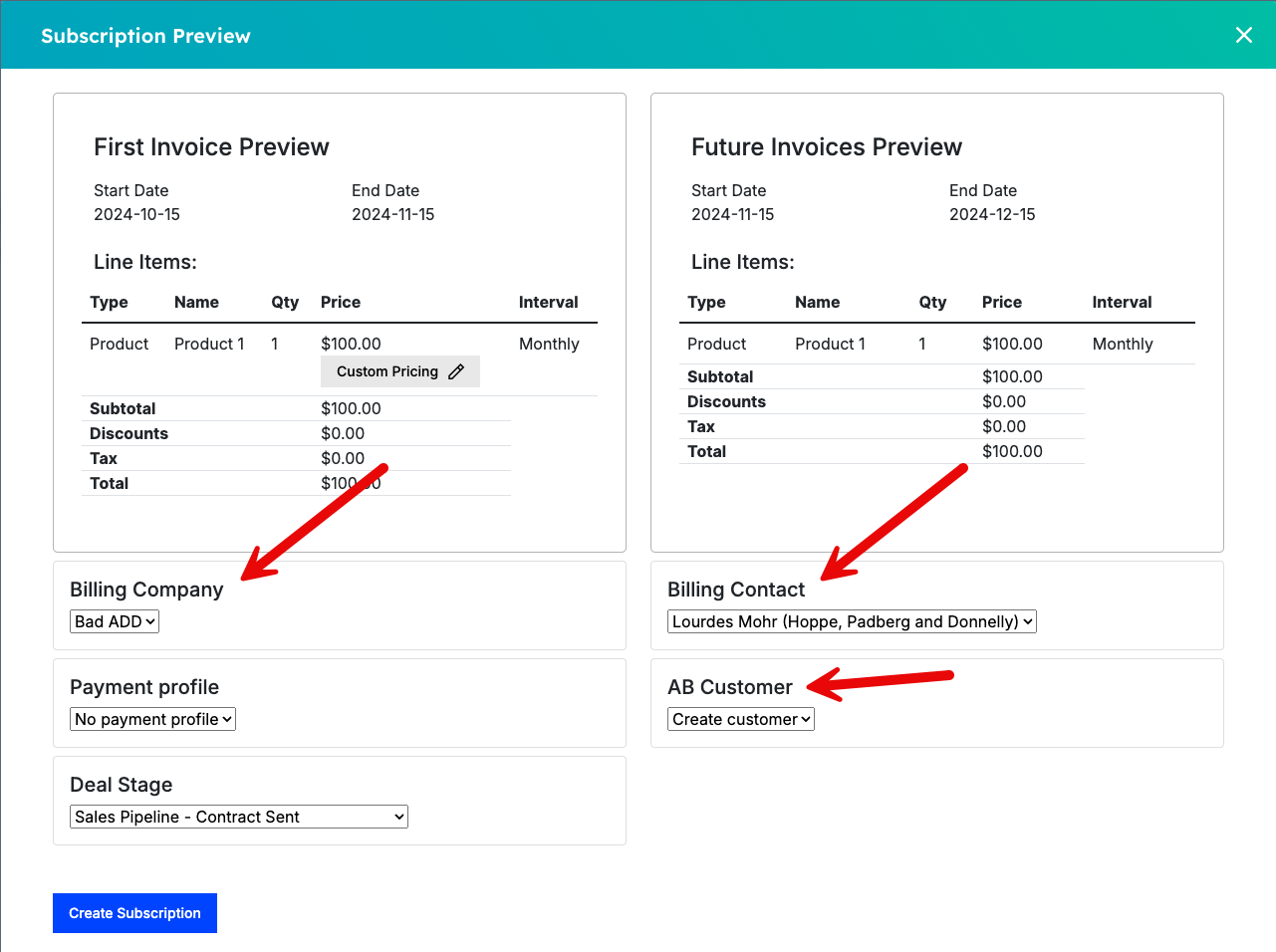 the Subscription Preview with arrows to the Billing Company, Billing Contact and AB Customer fields