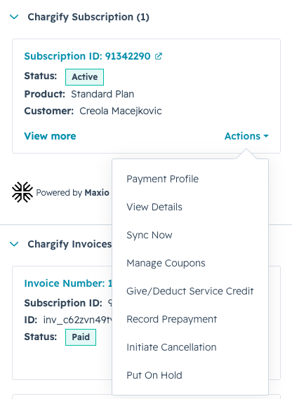 the Maxio CRM card on a HubSpot record, its Actions menu open on payment, sync, coupon and cancellation options