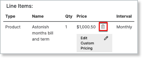 the Line Items table with the trash icon beside the custom $1,000.50 price outlined