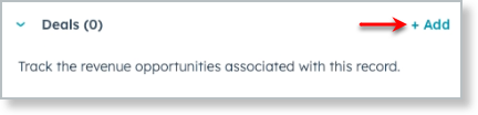 the Deals section of a HubSpot contact record, with Add arrowed