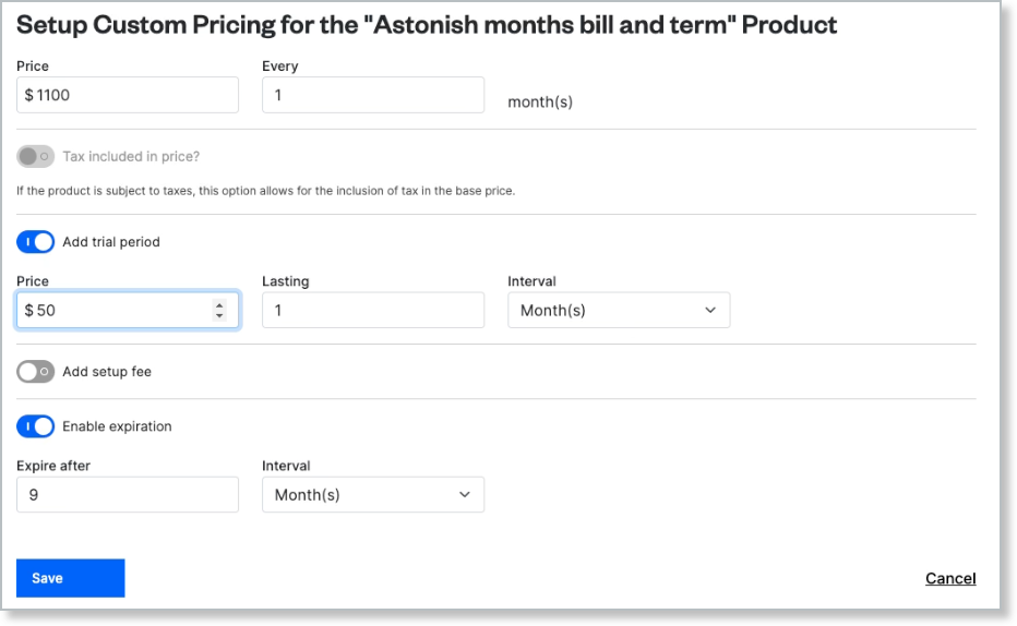 the Setup Custom Pricing dialog with a $50 one-month trial period switched on and expiration set to 9 months