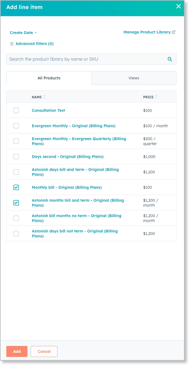 the Add line item dialog, with the Product and the Monthly bill Component checked in the product library