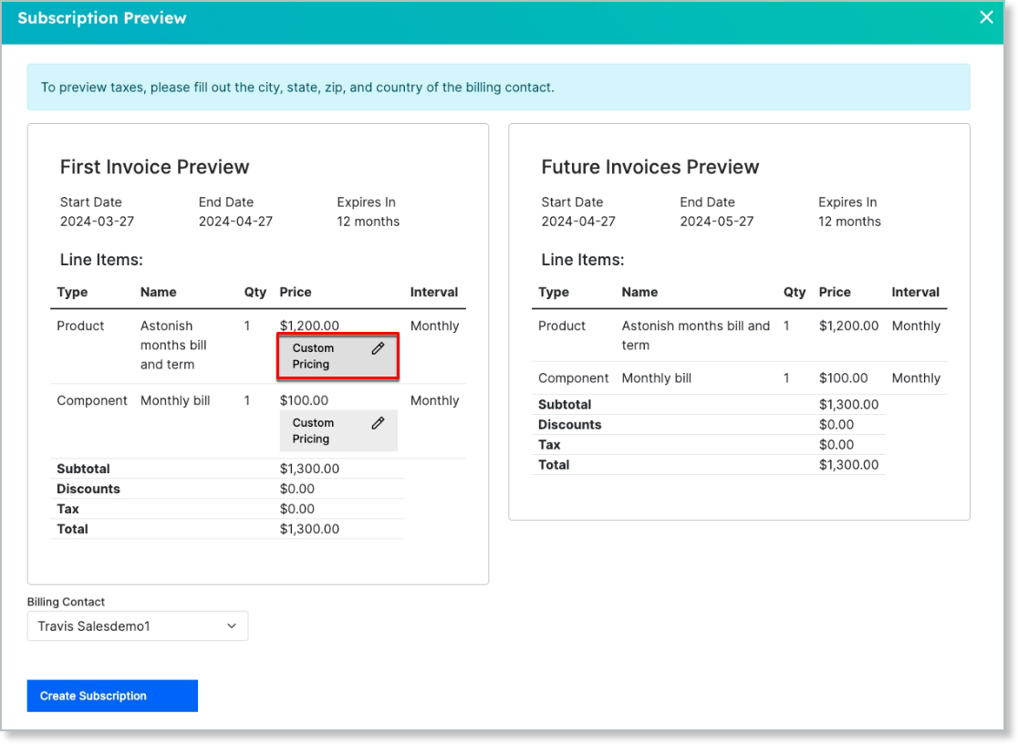 the Subscription Preview's First Invoice Preview, with the Custom Pricing link beside the Product line item