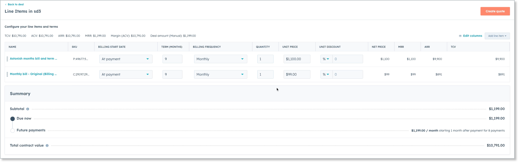 the line-item editor after the Example 2 edits, with unit prices of $1,100 and $99 and both terms cut to 9 months