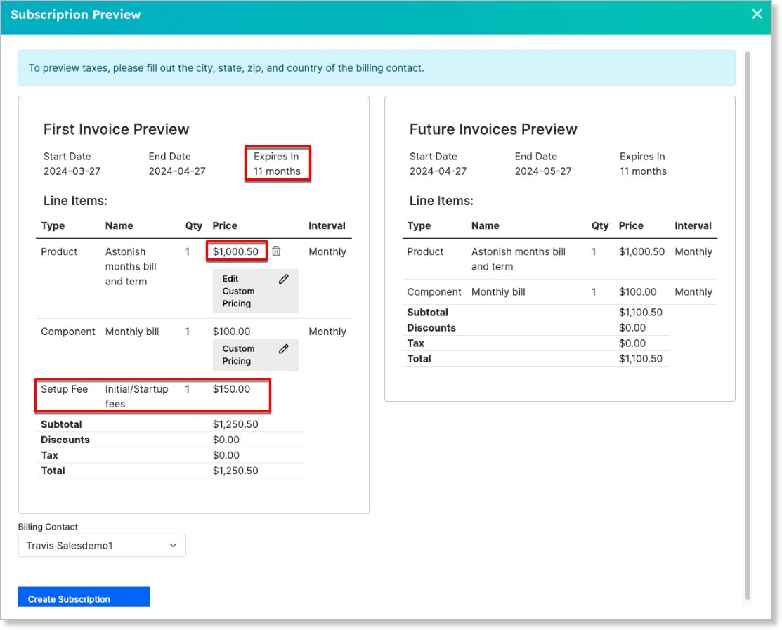 the Subscription Preview after saving, with the 11-month expiration, the $1,000.50 custom price and the $150.00 setup fee outlined