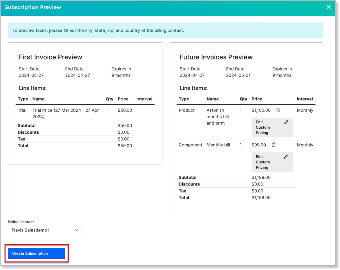 the Subscription Preview with Create Subscription outlined at the bottom left