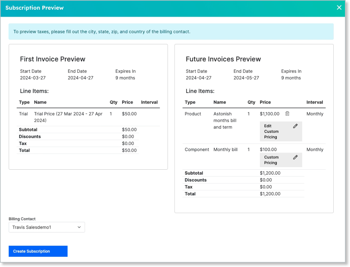 the Subscription Preview showing the trial period running 27 Mar to 27 Apr 2024