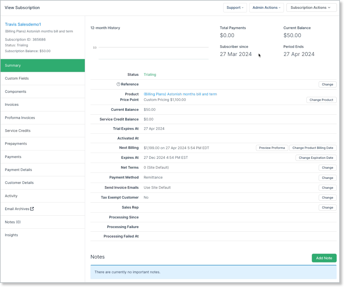 the synced subscription in Advanced Billing, Trialing on a Custom Pricing price point of $1,100 and expiring 27 Dec 2024