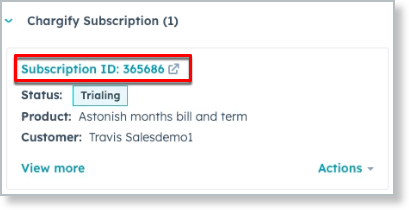 the subscription card on the HubSpot deal, with the new Subscription ID outlined and the status Trialing
