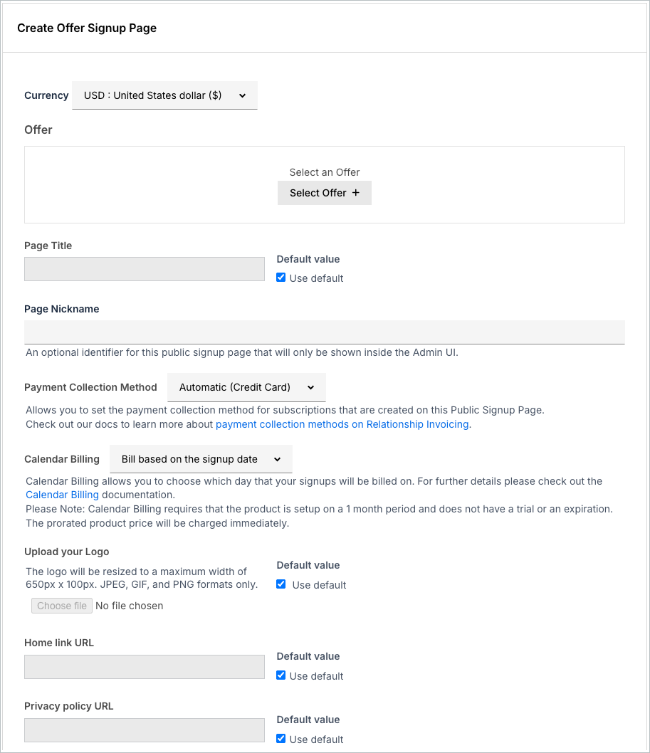 the empty Create Offer Signup Page form, with currency, offer, page title, payment collection and branding fields