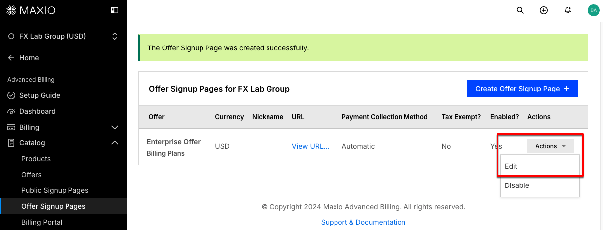the Offer Signup Pages list after a page is created, its actions menu open on Edit