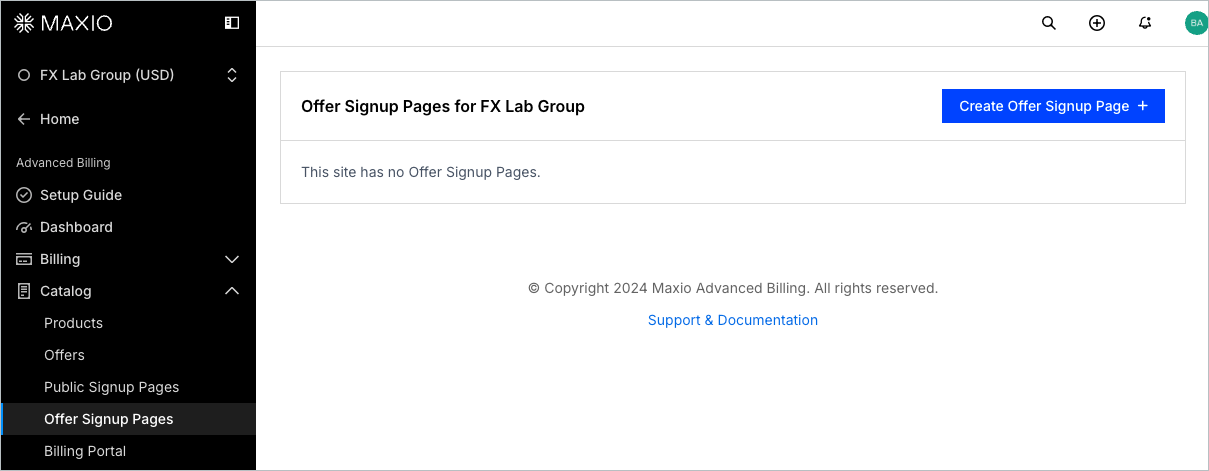 the Offer Signup Pages list under Catalog, with Create Offer Signup Page in the corner