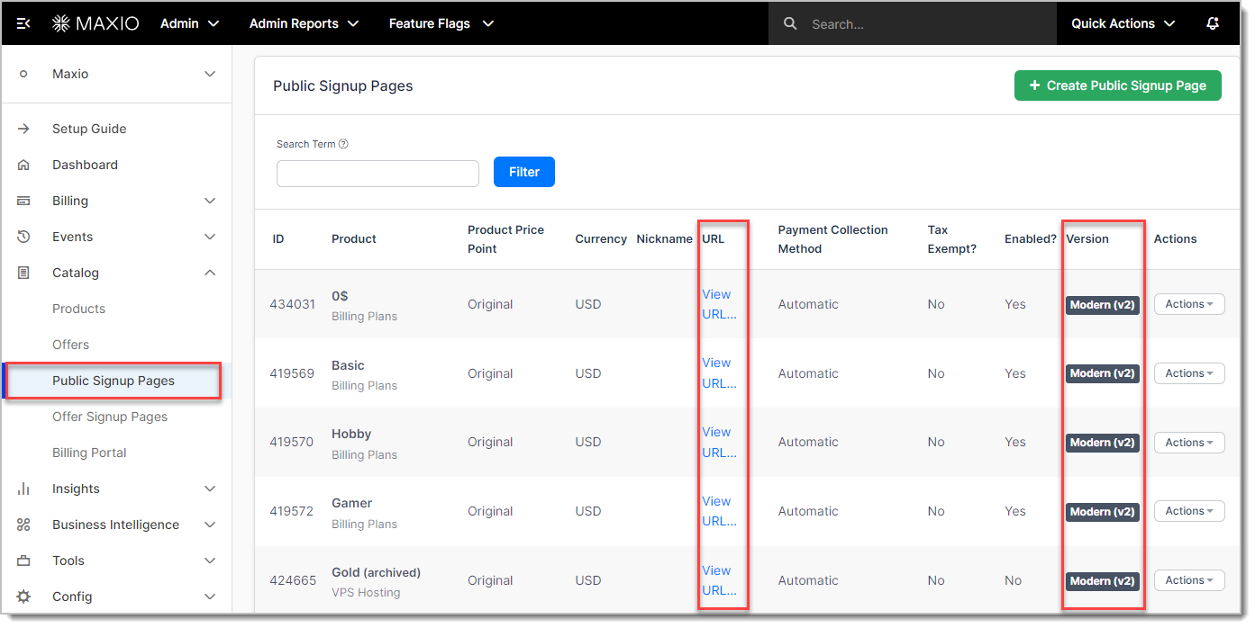 the Public Signup Pages list with each page's layout version and URL columns outlined