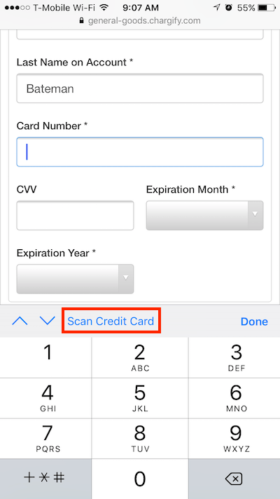 a signup page on a phone, with Scan Credit Card outlined above the on-screen keyboard