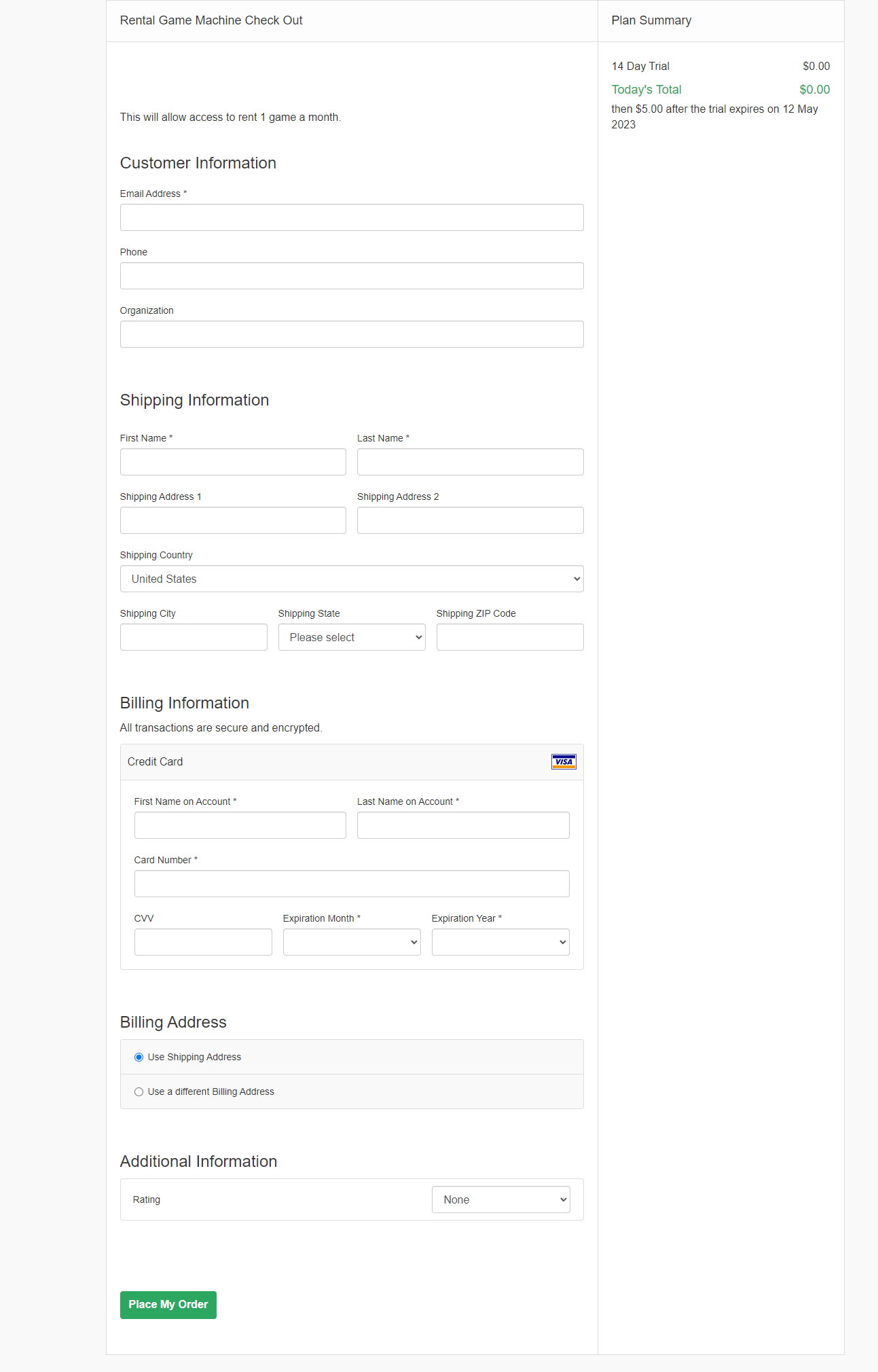 a modern Public Signup Page, its customer, shipping and billing sections beside a Plan Summary