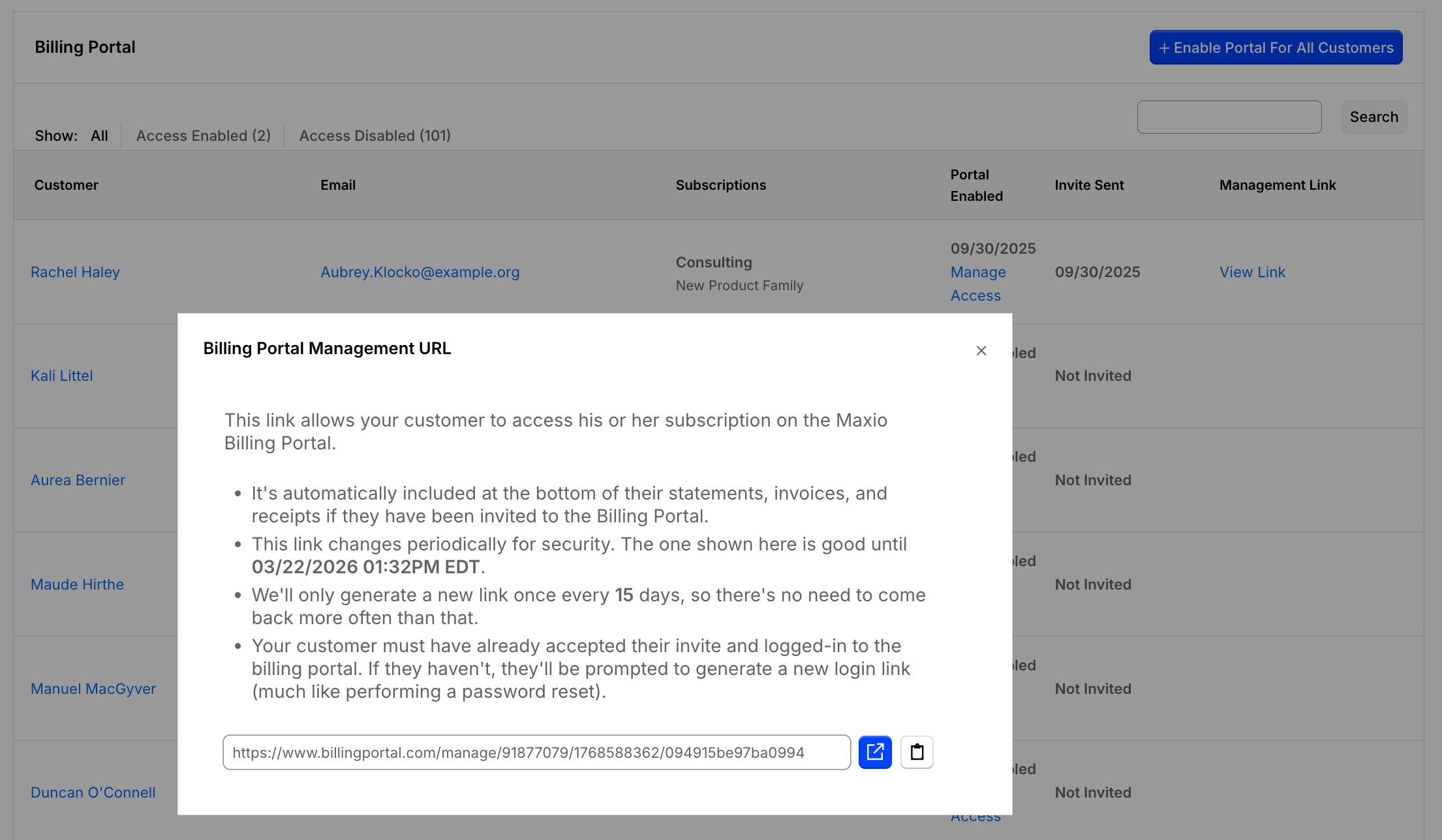 the Billing Portal Management URL popup, explaining how long the link stays valid, above the customer list