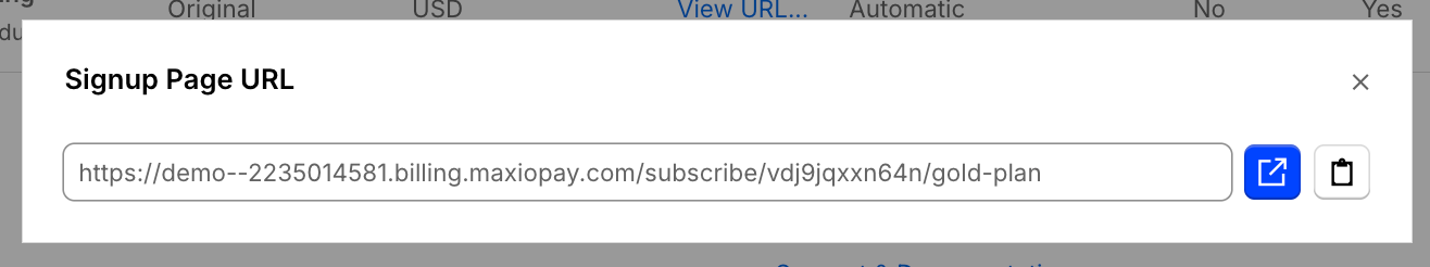 the Signup Page URL popup with the page's link and buttons to open or copy it