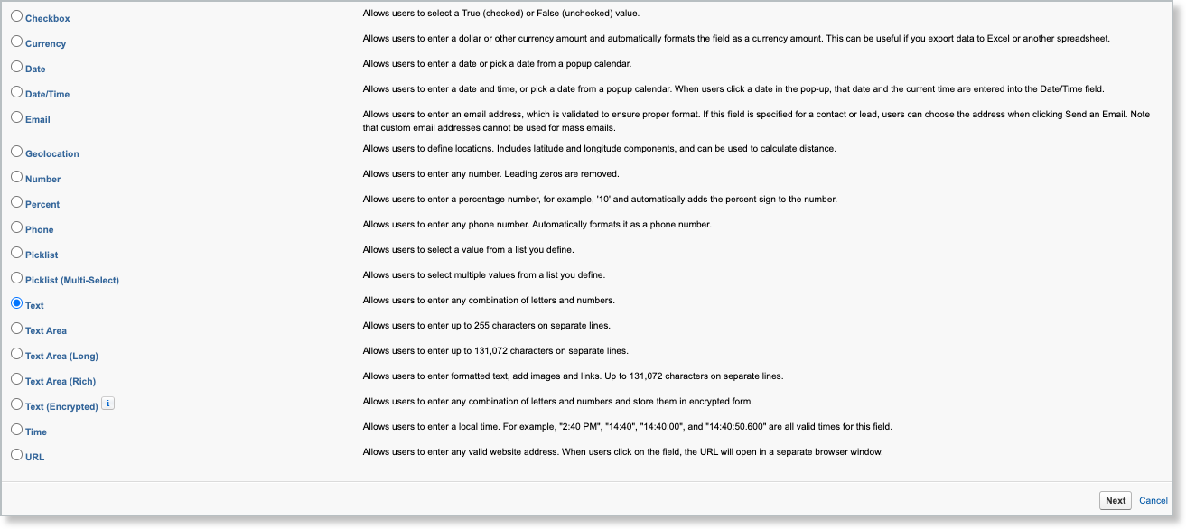 the Salesforce field type chooser, listing the available data types for the new field