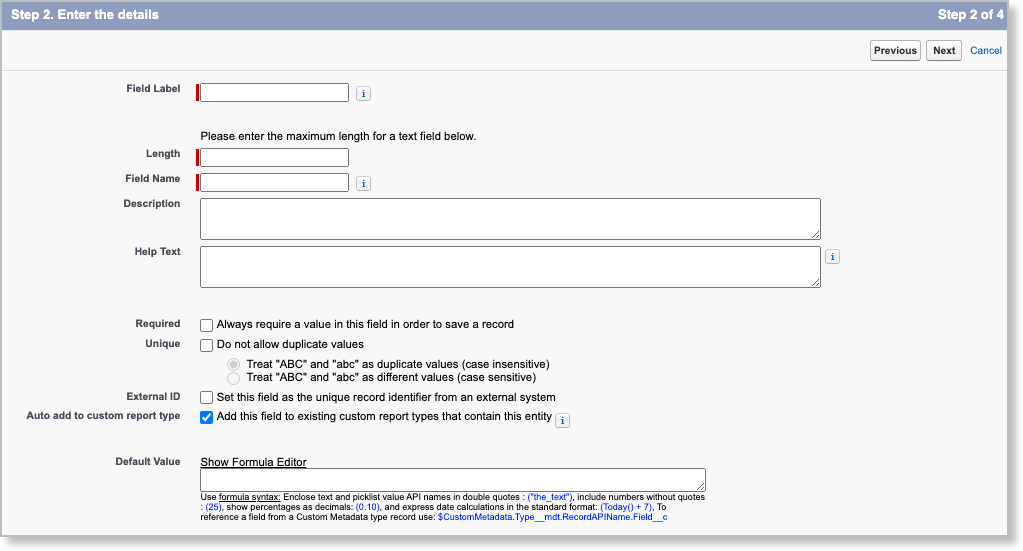 step two of the new field wizard, with Field Label, Length, Field Name and Help Text to fill in