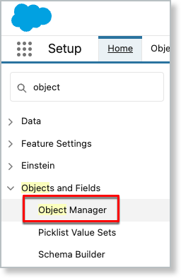 Salesforce Setup with Object Manager outlined in the Quick Find results under Objects and Fields