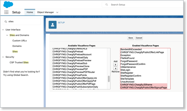 the Visualforce page picker with the CHRGFYNG signup pages moved into the Enabled list