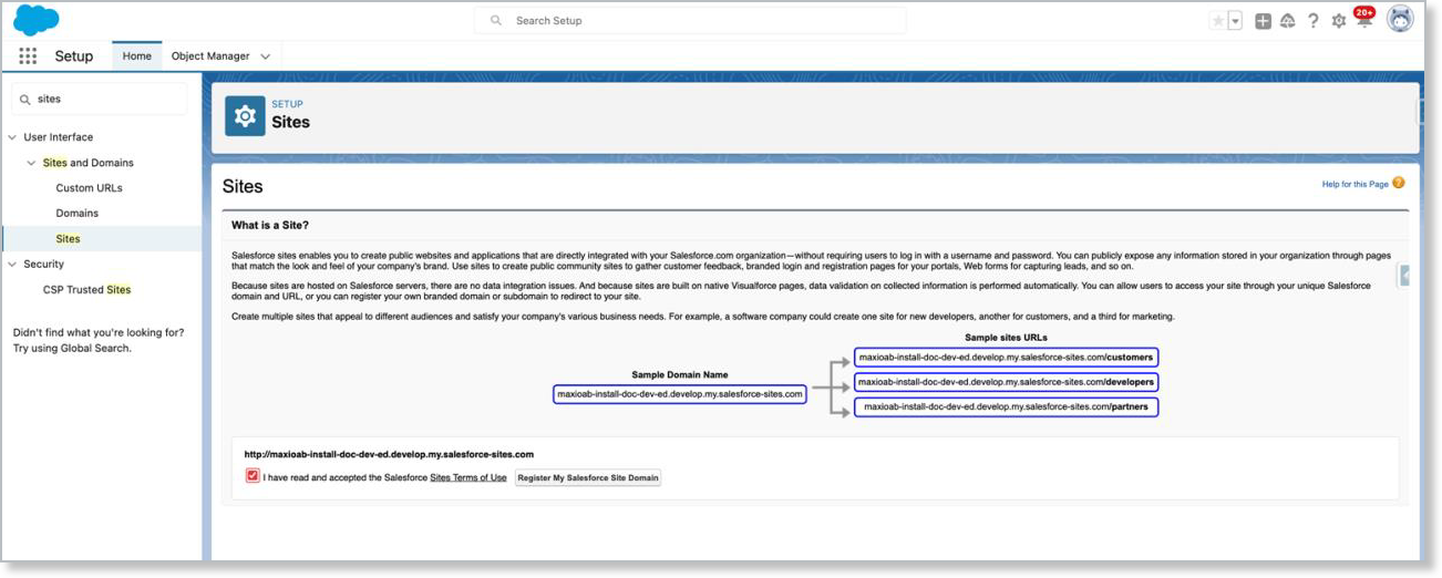 the Salesforce Sites setup page, where a custom Force.com domain is registered