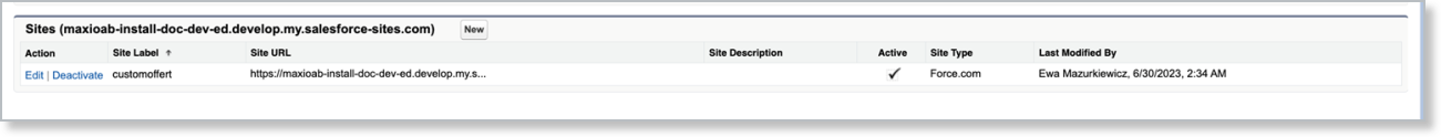 the new site form, where the site label, name and active home page are set