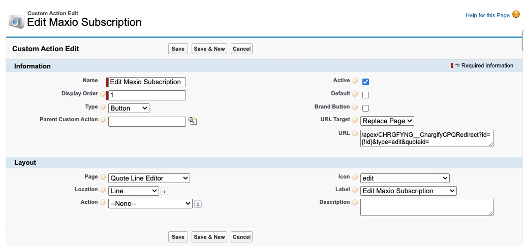 the Custom Action Edit form for Edit Maxio Subscription, placed at the Line location