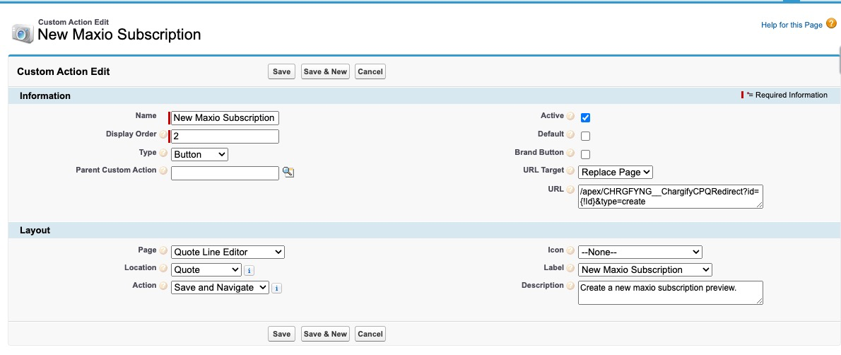 the Custom Action Edit form for New Maxio Subscription, set to Save and Navigate