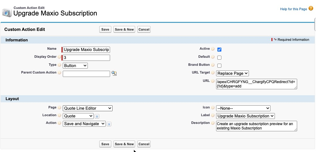 the Custom Action Edit form for Upgrade Maxio Subscription
