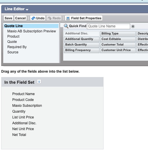the Quote Line Item Editor field set, with Maxio Subscription added among the quote line fields