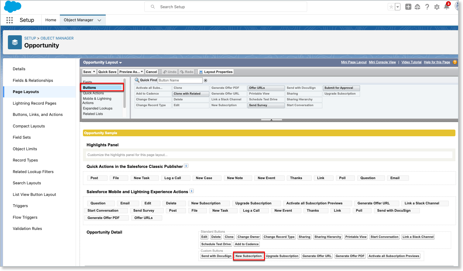 the Opportunity layout with the New Subscription button added to Custom Buttons