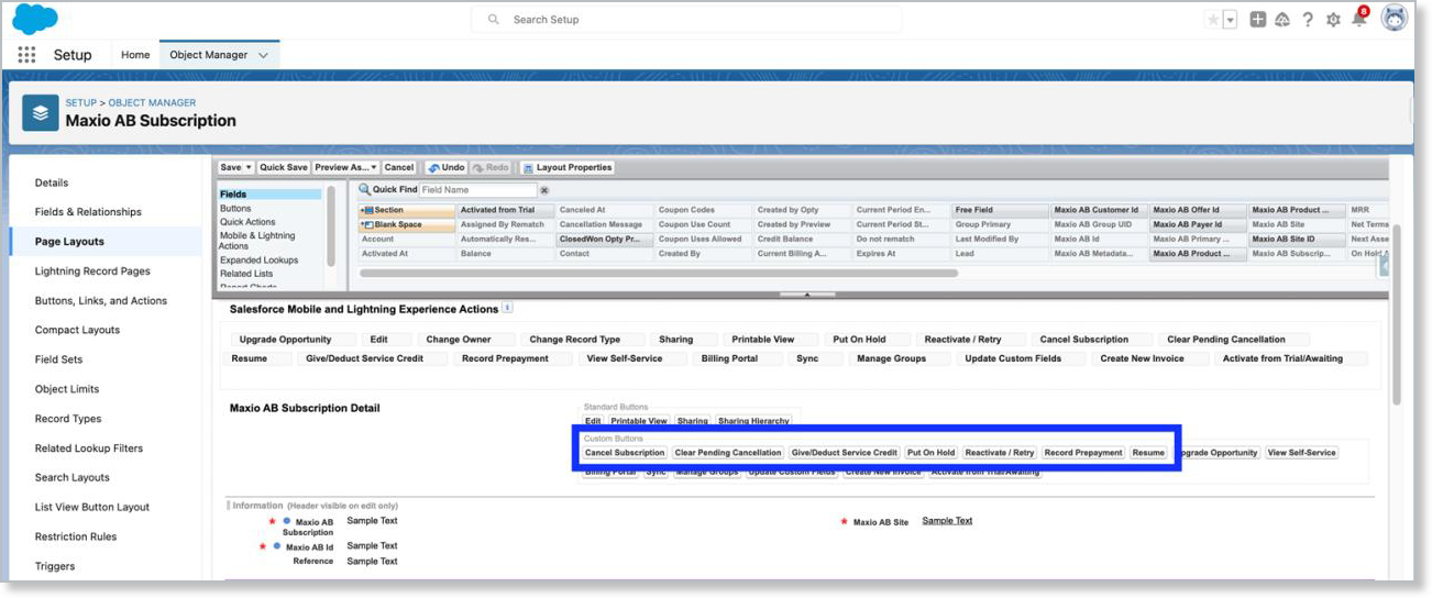 the Advanced Billing Subscription layout with the seven subscription actions placed in Custom Buttons