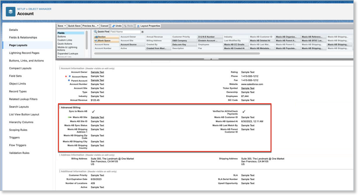 the Account layout with an Advanced Billing section added and populated with fields