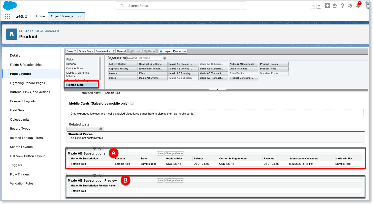 the Product layout with the Maxio AB Subscriptions and Subscriptions Preview related lists labeled A and B