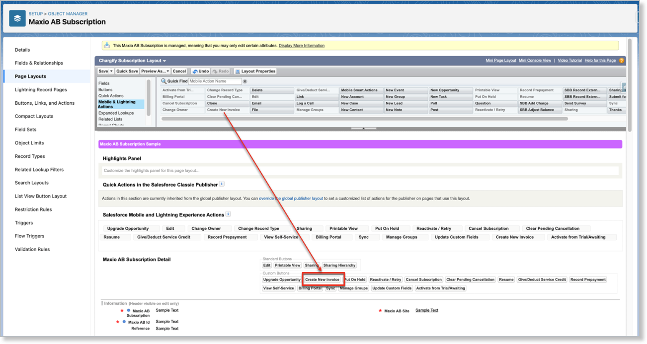 the subscription layout with an arrow showing Create New Invoice dragged into the actions area