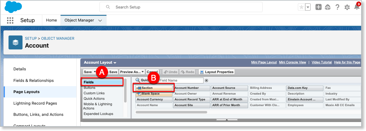 the Account page layout editor, with the palette's Fields view and the Section element labeled A and B