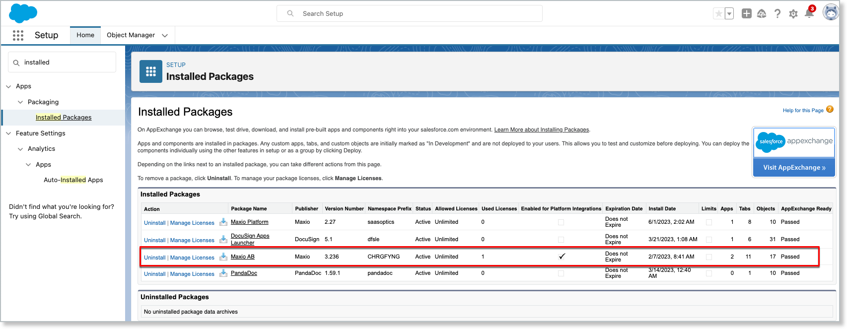 Salesforce Setup > Installed Packages with the Maxio AB row outlined