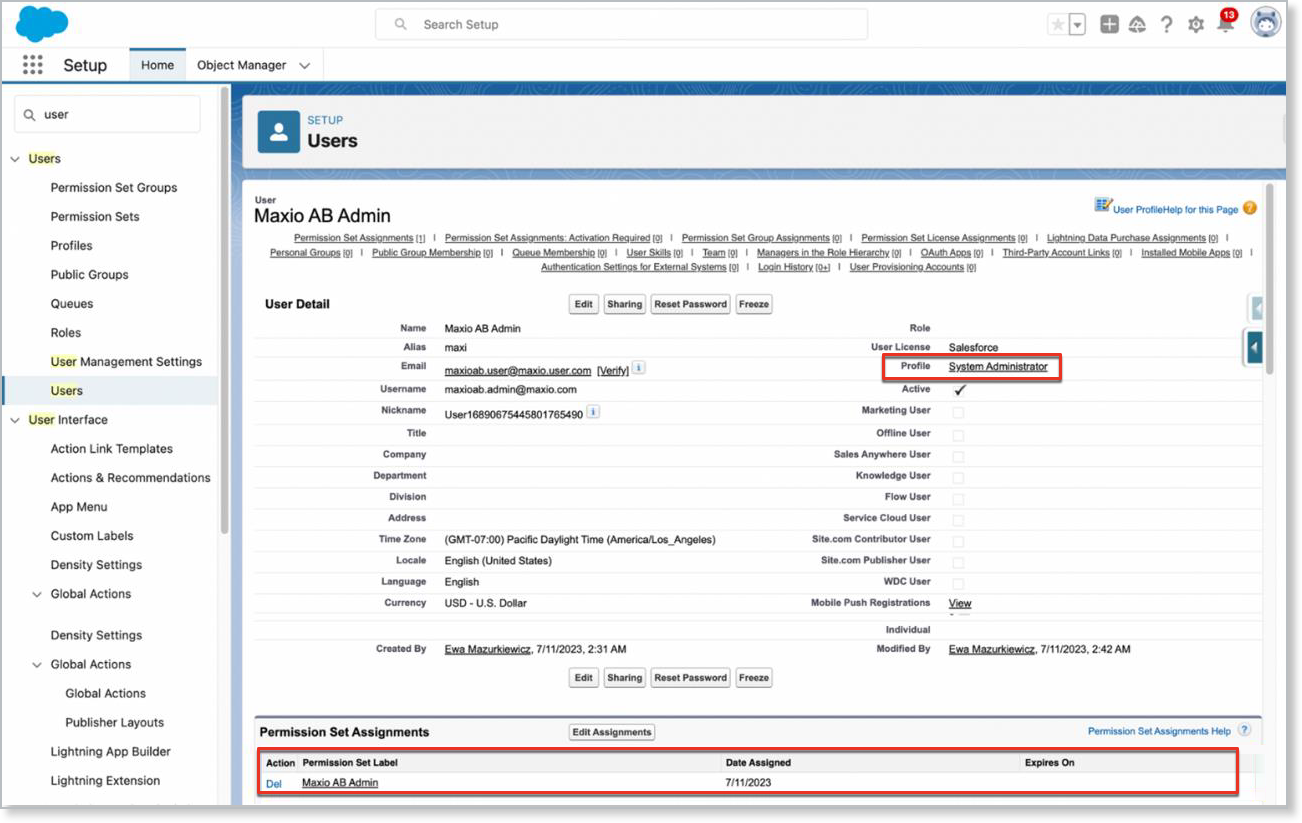 a user record with the Maxio AB Admin permission set outlined under Permission Set Assignments