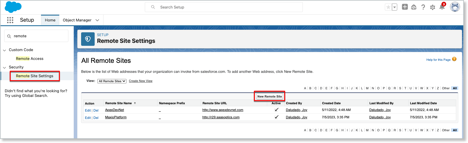 Setup > Remote Site Settings, with New Remote Site outlined above the list of existing sites