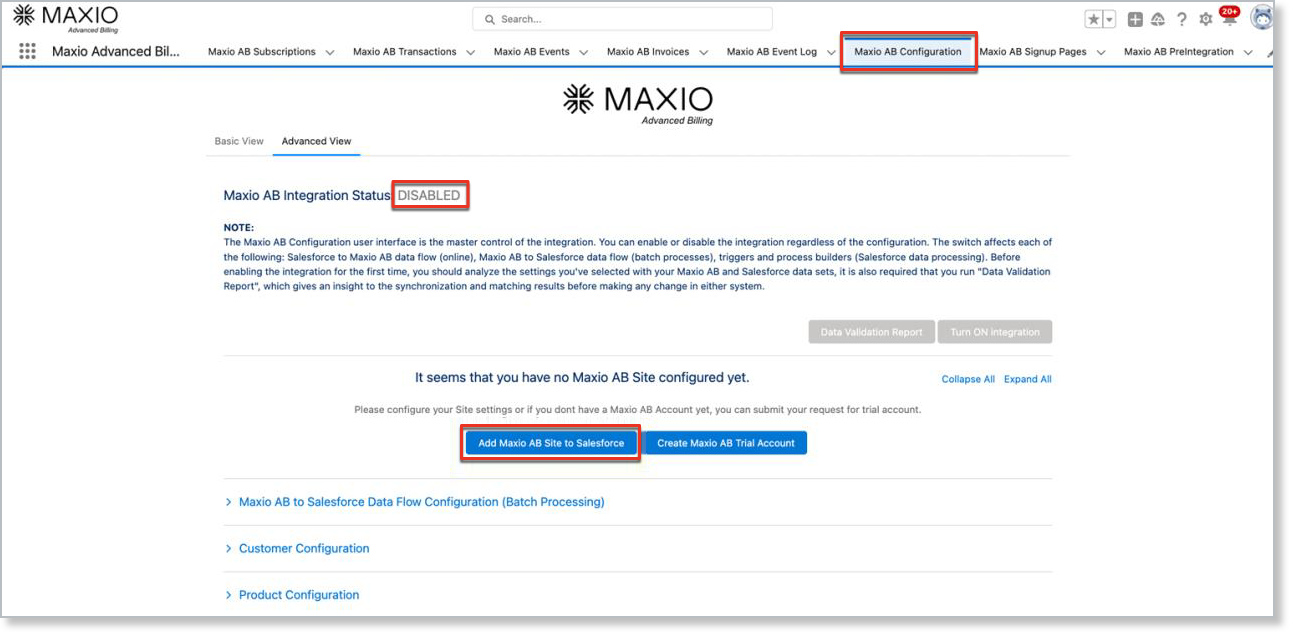the Maxio AB Configuration page showing Integration Status DISABLED, with Add Maxio AB Site to Salesforce outlined