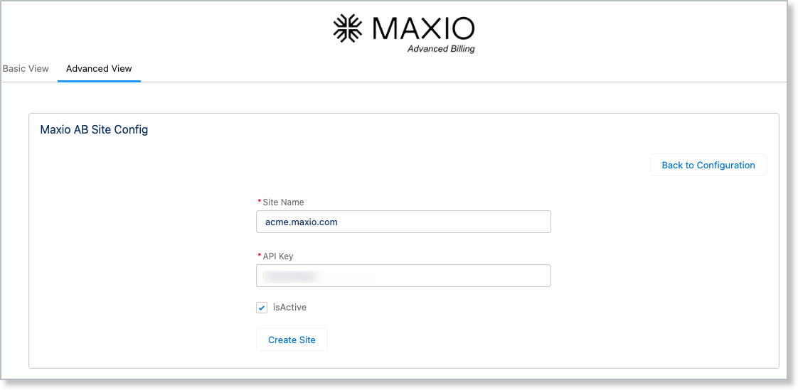 the Maxio AB Site Config form with empty Site Name and API Key fields and a Create Site button