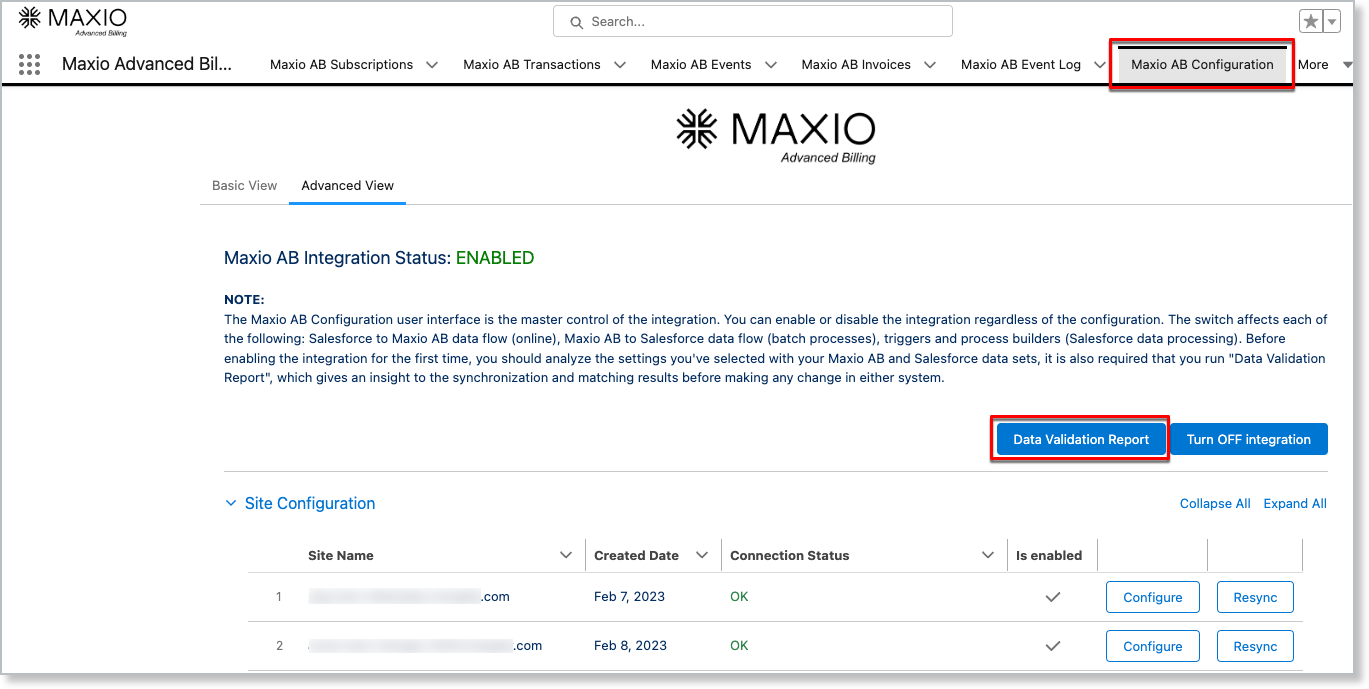the Maxio AB Configuration page with the Data Validation Report button outlined beside Turn OFF integration