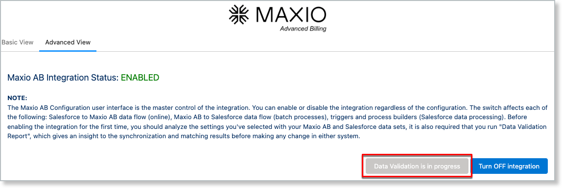 the Maxio AB Configuration page with the report button greyed out and reading Data Validation is in progress